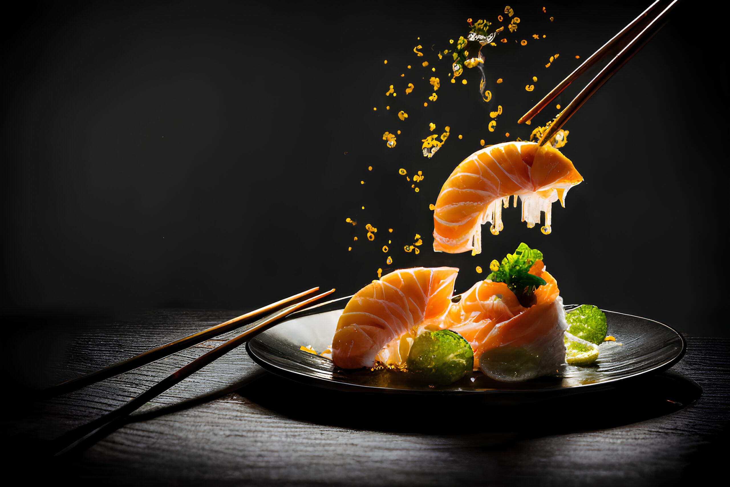 Salmon nigiri sushi with chopsticks and wasabi on black background